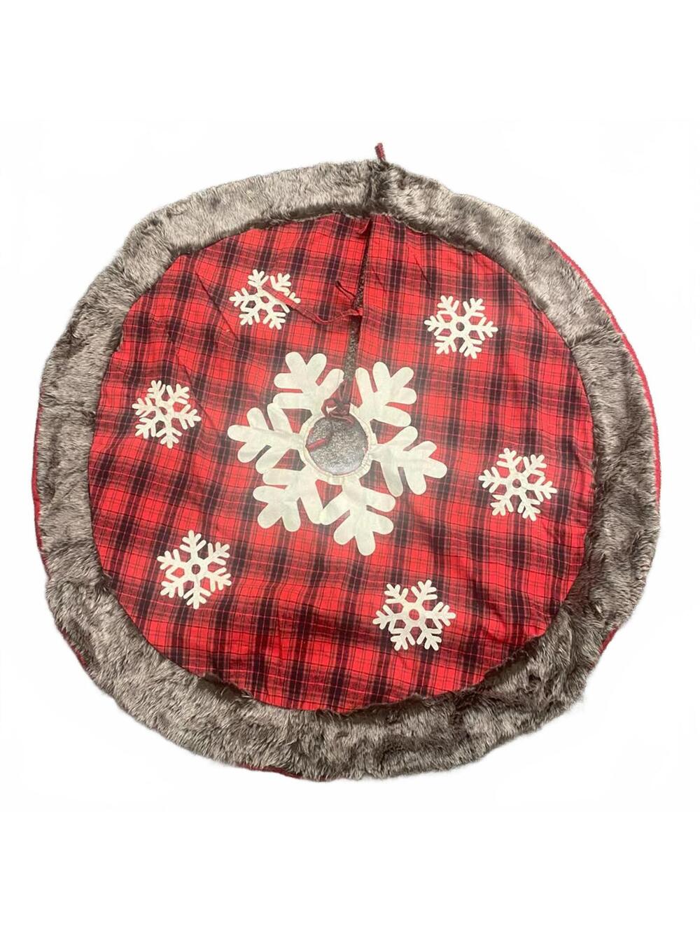 Red Plaid Christmas Tree Skirt with Faux Fur Trim and Snowflake Design